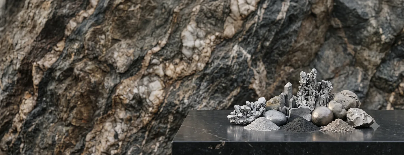 Abstract AI-generated artwork: mineral crystals and metal spheres arranged on a dark podium against a raw rock face.