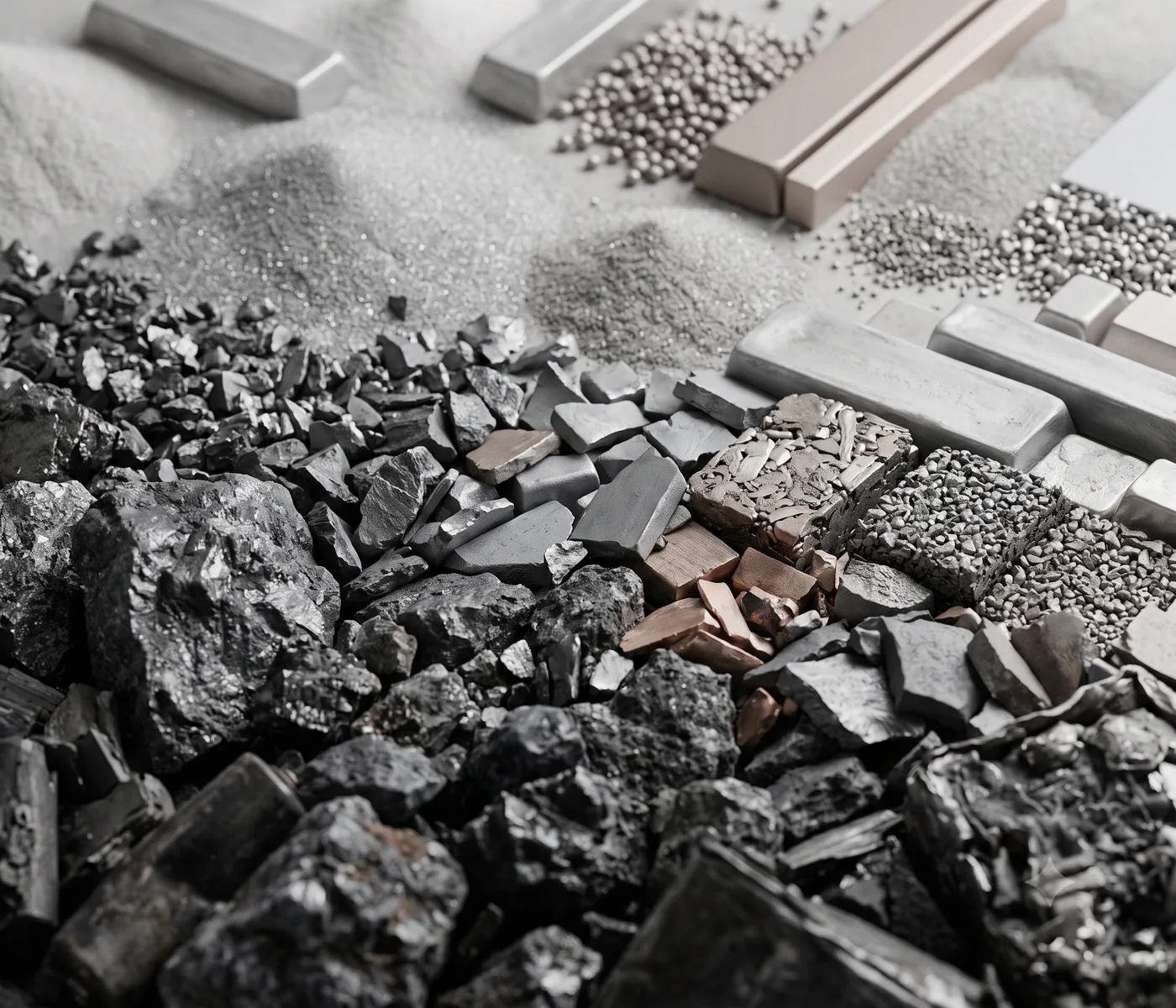 Abstract AI-generated artwork: raw ore and rock transitioning into refined metal bars and granules.