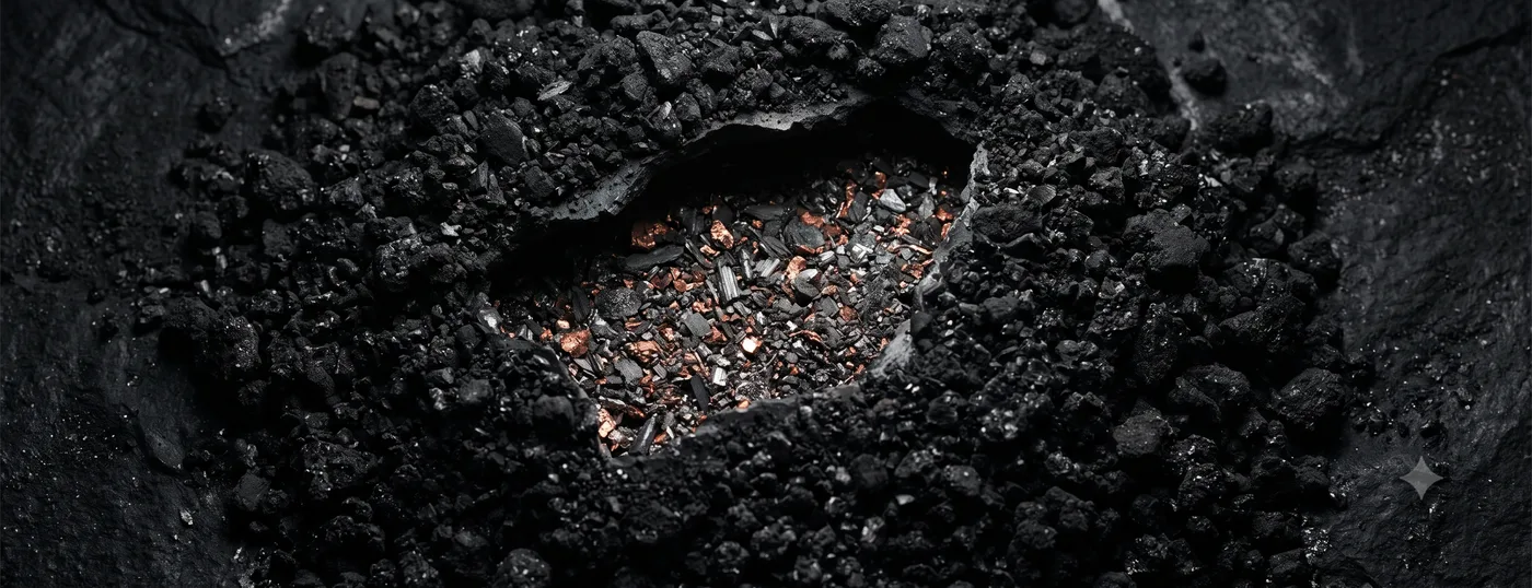 Abstract AI-generated artwork: a cracked open black mass revealing glinting copper and metal fragments inside.
