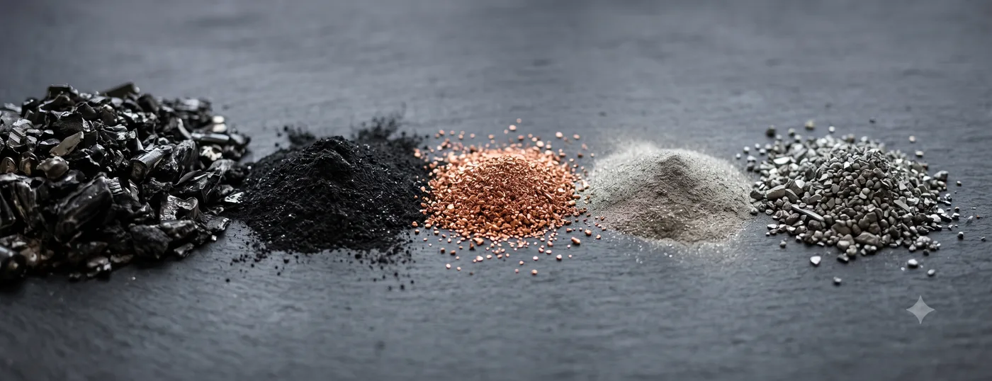 Abstract AI-generated artwork: separated piles of graphite, black mass, copper, and other recovered materials on dark slate.