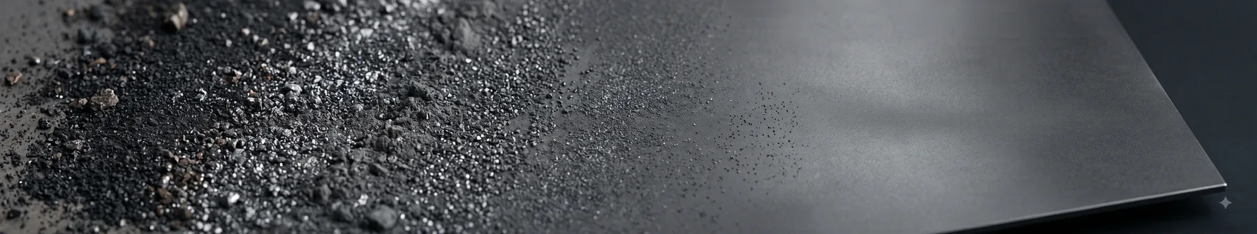 Abstract AI-generated artwork: dark black mass granules transitioning into a smooth brushed metal surface.