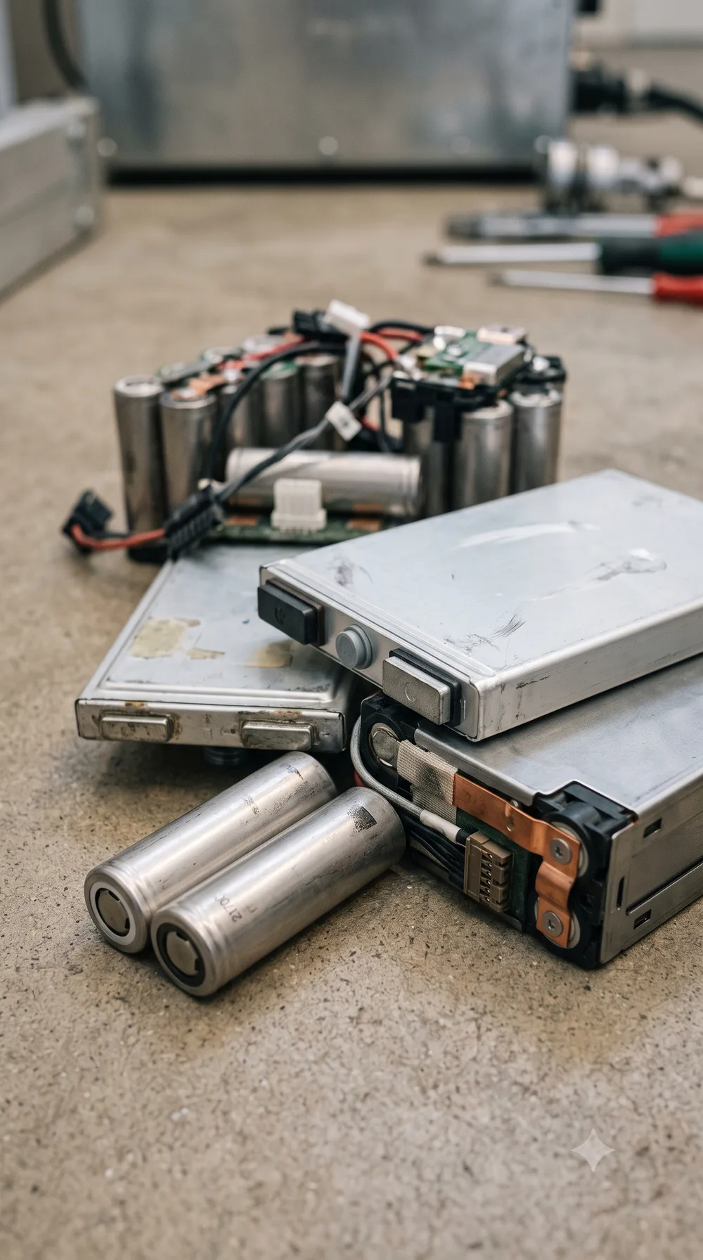 Collected battery cells and modules laid out on a concrete floor