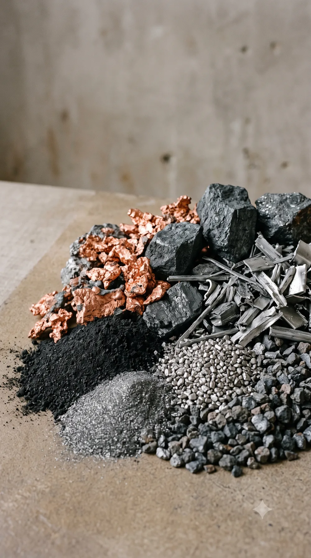 Recovered battery materials (copper, graphite and metal powders) in close view