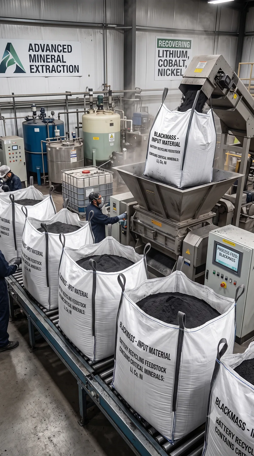 Bags of black mass being fed into a processing line