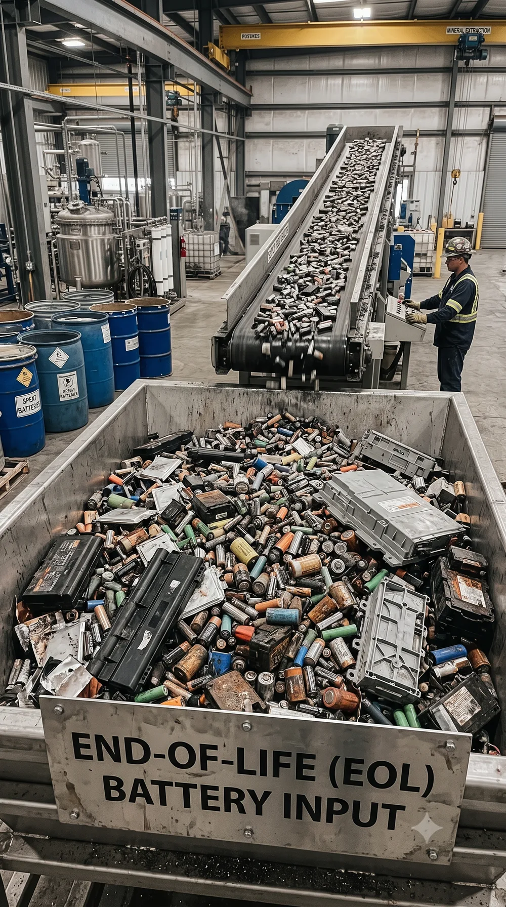 A collection bin of spent batteries feeding a conveyor in a recycling hall