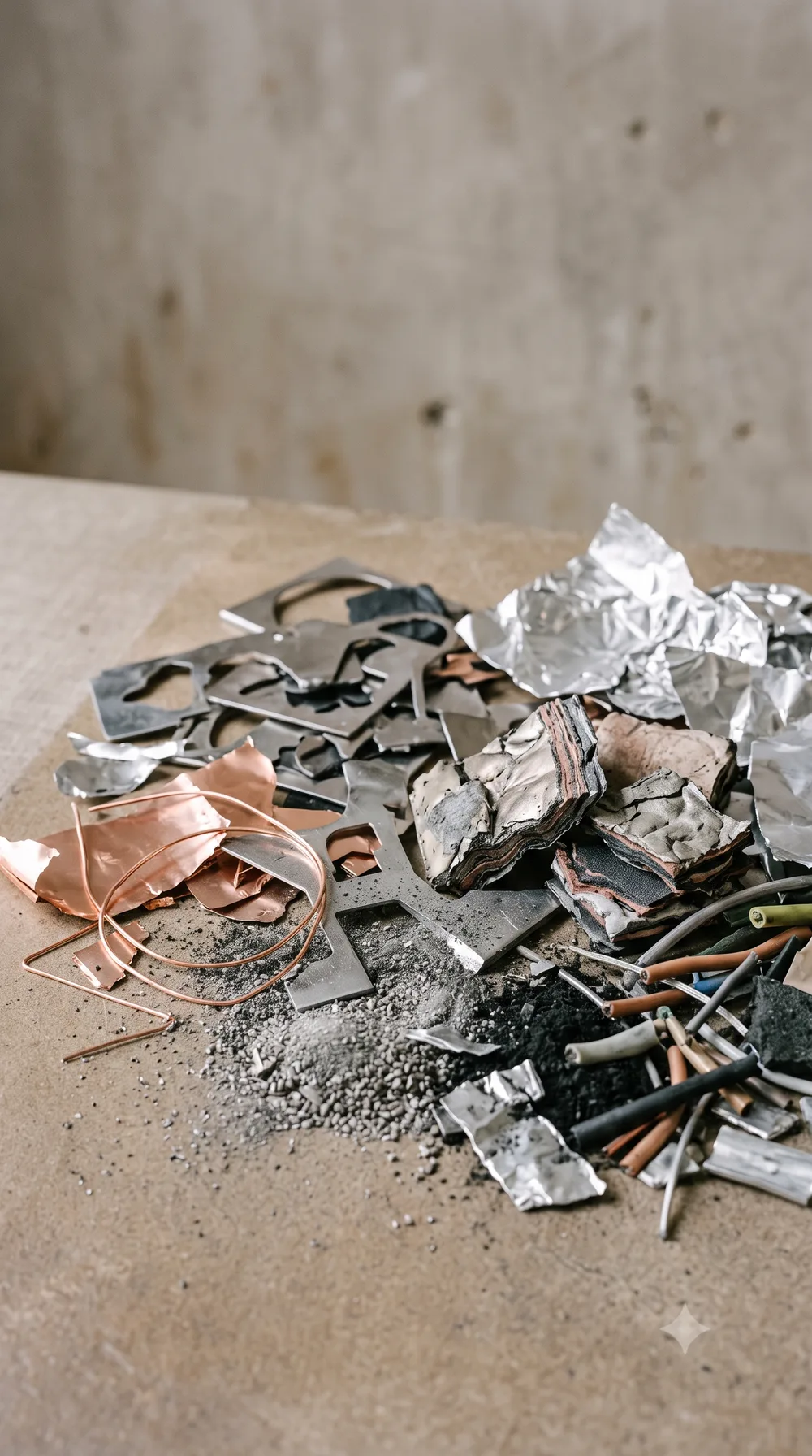 Sorted battery material streams (metals, foils and powders) laid out for inspection